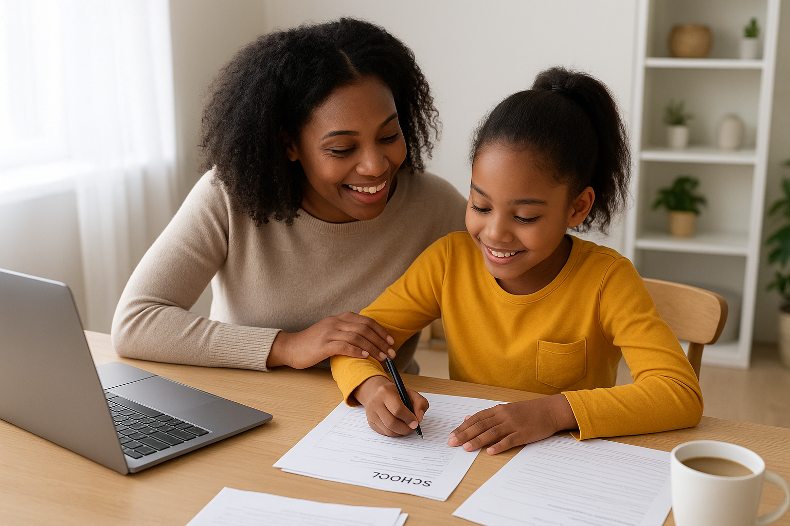 Parent helping child complete private school application forms at home